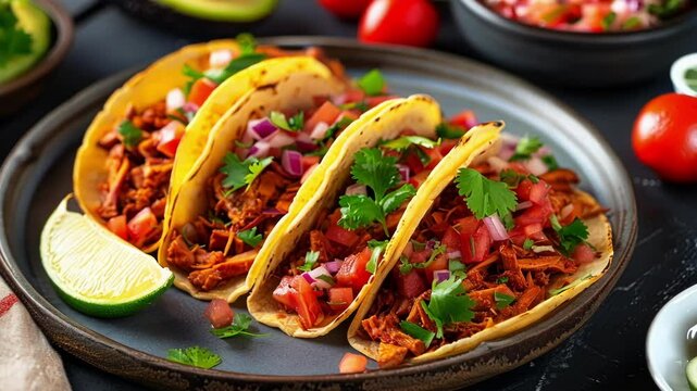 Indulge in mouthwatering flavors of classic mexican tacos al pastor, filled with savory meat, cilantro, onion, lime, and zesty salsa on a dark background
