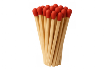 Wooden matches clustered tightly, featuring vivid red phosphorus tips standing vertically against transparent backdrop