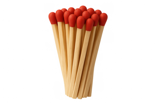 Wooden matches clustered tightly, featuring vivid red phosphorus tips standing vertically against transparent backdrop