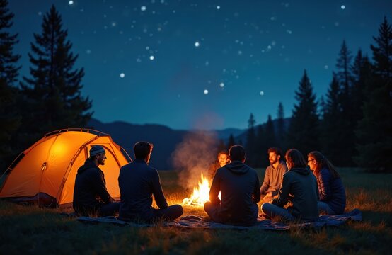 Group friends enjoy night camping near bonfire. Campers sit around fire tent under dark night sky full of stars. Summer vacation, friendship and freedom concept. People relax near campfire.