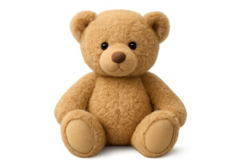 Obraz premium Soft plush teddy bear resting against white backdrop, ideal for kid-friendly graphic design, nursery decor, playful branding