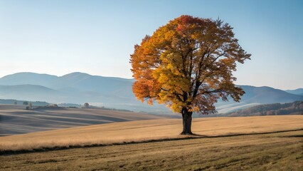 Solitary Autumn Tree in Field with Rolling Hills and Clear Sky