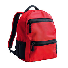 Bright red school backpack isolated on a clean Transparent background with dual compartments for organizing essentials, School backpack  isolated on PNG background