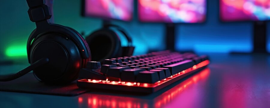 Gaming setup with illuminated keyboard, headset, monitor, neon lights. Cyber sport equipment laying on desktop, ready for online video gaming. Dark shot with pro gear. Banner for esports, streaming,