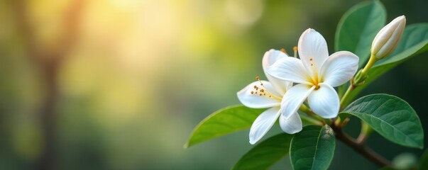 Fototapeta premium Delicate jasmine blossoms and leaves on vibrant backdrop , white, floral, isolated