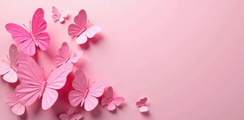 Fototapeta premium Delicate pink paper butterflies, layered abstract design on pink backdrop, summer, beautiful, romantic