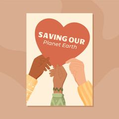 Flat banner about volunteer and community with a heart and hands. Symbol of love, solidarity, support. Represents global care for planet earth environmental unity.