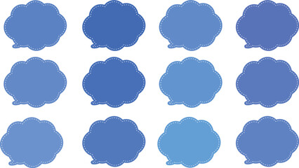 All the bubbles have a distinctive, rounded, cloud-like, or scalloped edge design. This vector image features twelve speech bubbles. Speech bubble with a white dashed line inside