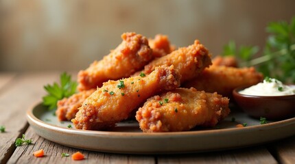 Fototapeta premium crispy deep fried chicken wings. fried chicken wings with sauce. roasted chicken wings with herbs.