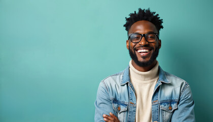 Happy African man wearing glasses smiles with perfect white teeth. Cheerful male in stylish casual clothes. Smiling, looking camera, advertising teeth whitening or eyewear. Copy space for text.