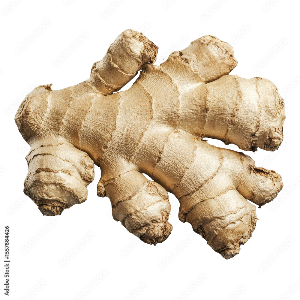 Poster fresh ginger root isolated on a transparent background showcasing texture and natural curves, ginger