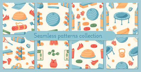 Colorful seamless pattern of gym and sport equipment set. Background with fitness tools and workout set. Exercise training design for bodybuilding wellness lifestyle with trendy texture vibrant decor.