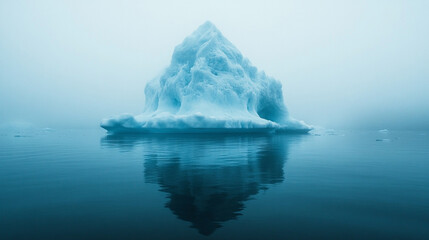 Minimalist scene featuring a pale iceberg floating serenely in a calm, reflective sea. Soft muted colors and expansive negative space evoke tranquility, isolation, and the quiet beauty of nature’s Arc