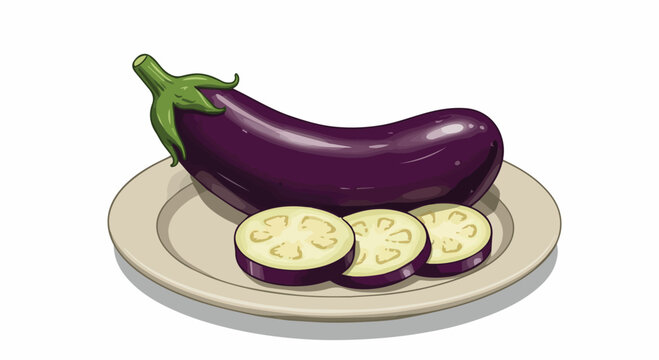 Whole and Sliced Eggplant on Plate Illustration

