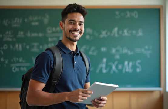 Young latin student smiles in class holding tablet. Back to school concept. Happy guy wearing backpack in front of chalkboard with math formulas. Education, learning, knowledge concept.