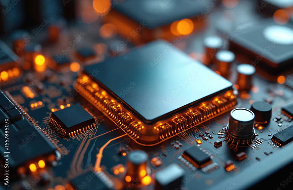 Poster close-up of a modern computer motherboard. intricate circuitry with modules and connections. digital