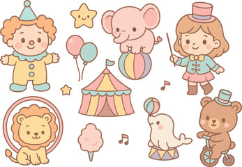 Pastel Circus Clipart Set – Kawaii Animals and Characters in Cute Carnival Theme