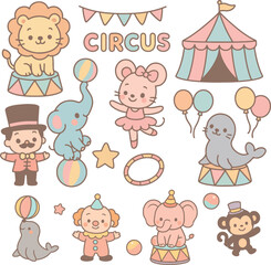 Cute Circus Clipart Set – Pastel Kawaii Carnival Animals and Characters