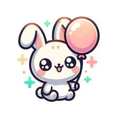 Cute bunny with a balloon: A delightful cartoon bunny, holding a cheerful pink balloon, exudes joy and playfulness in a whimsical, animated illustration.