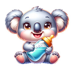 Adorable Koala Holding Bottle: a cute koala holds a bottle with a baby bottle and the cute koala is adorable with lovely eyes, bringing out a sense of caring and tender. © Hurairagraphics