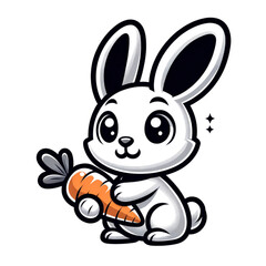 Cartoon Rabbit with Carrot: A cute, cartoon-style white rabbit holds an orange carrot, perfect for children's illustrations or spring-themed designs.