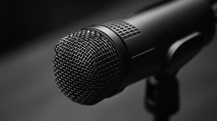 Sleek modern black podcast microphone isolated on a clean white background. Minimalistic setup highlighting professional audio equipment ideal for broadcasting, recording, and podcasting. Clear space 