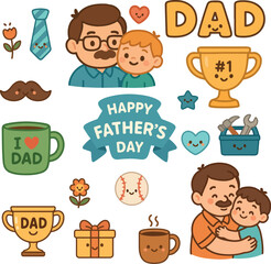Cute Father's Day Cartoon Elements – Kawaii Dad and Son Clipart Set