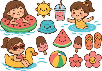 Kawaii Summer Pool Elements – Cute Vector Girls, Floats, and Summer Icons