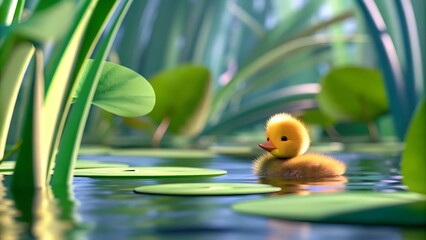 A small yellow duckling swims serenely on a pond covered with lily pads and tall green reeds