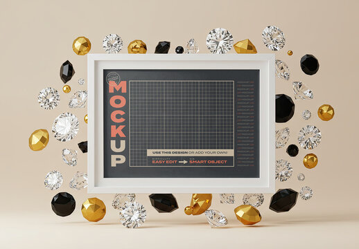 Horizontal Poster Frame Mockup Floating with Diamonds and Gold