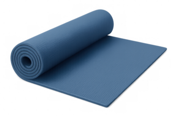 Blue yoga mat rolled, highlighting wellness, exercise, and stress reduction