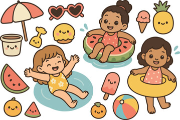 Kawaii Summer Pool Party – Cute Vector Girls and Beach Elements