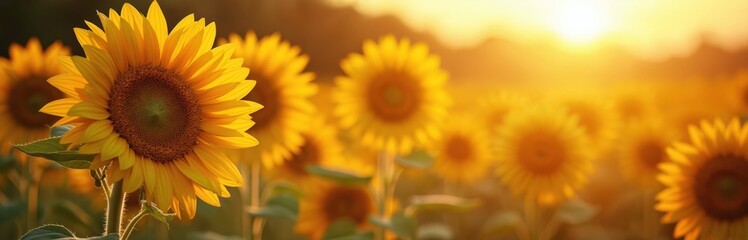 Obraz premium Scenic view sunflowers in golden sunset light. Yellow flower field, sunny summer natural background. Beautiful nature, countryside, agricultural landscape. Farming, organic plants, sunny day, scenic