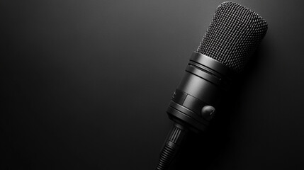 Sleek modern black podcast microphone isolated on a clean white background. Minimalistic setup highlighting professional audio equipment ideal for broadcasting, recording, and podcasting. Clear space 