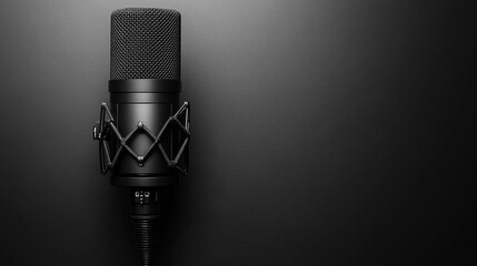 Sleek modern black podcast microphone isolated on a clean white background. Minimalistic setup highlighting professional audio equipment ideal for broadcasting, recording, and podcasting. Clear space 