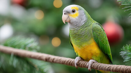 Festive parrot with garland during holiday season in lush green setting
