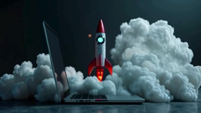 A conceptual tech business launch shows a rocket taking off from a laptop with bright exhaust flames, signifying startup success, innovation, and new ventures in the digital space.