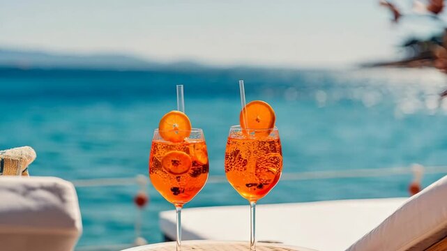 Two vibrant orange cocktails with citrus garnishes are placed on a wooden table by the tranquil ocean, creating a perfect summer vibe