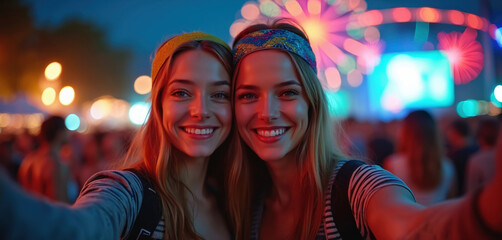 Two women take selfie at music festival at night. Close-up of smiling faces with colorful bokeh lights. Friends enjoy summer concert, happy to be together.