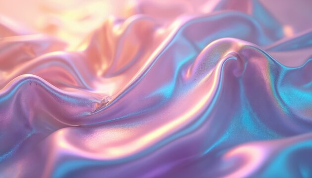 Holographic background with iridescent foil texture, suitable for modern design elements and wallpapers. Shiny, glowing fabric with soft pastel colours, trendy rainbow spectrum and wave gradient.