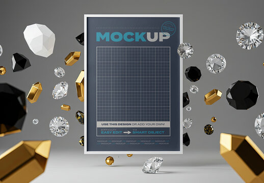Poster Frame Mockup Floating with Diamonds and Gold