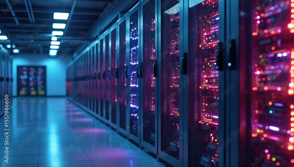 Poster illuminated server racks in data center. digital information storage, cloud computing, network infra