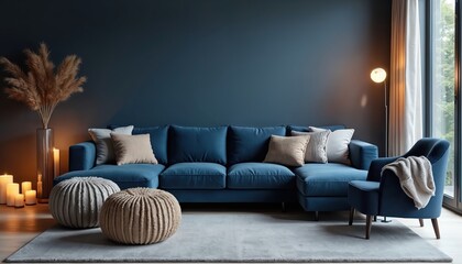 Modern living room interior design. Cozy dark blue corner sofa, knitted poufs, stylish armchair with blanket. Scandinavian home design, candles, large window. Comfortable luxury apartment.