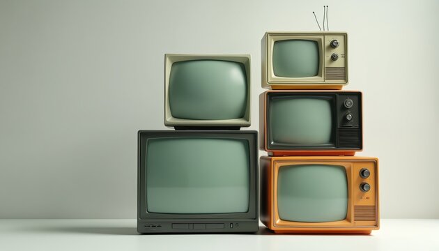 Stack of retro tv set isolated on white background. Vintage television screens stacked creating retro look. Classic tv design for advertising projects. Retro television on light backdrop.