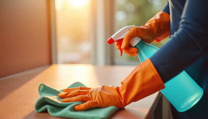 Woman hand in orange gloves with microfiber cloth wipes surface using sterilizing solution. Cleaning disinfection for good hygiene, care about cleanliness in office home. Protect against viruses,