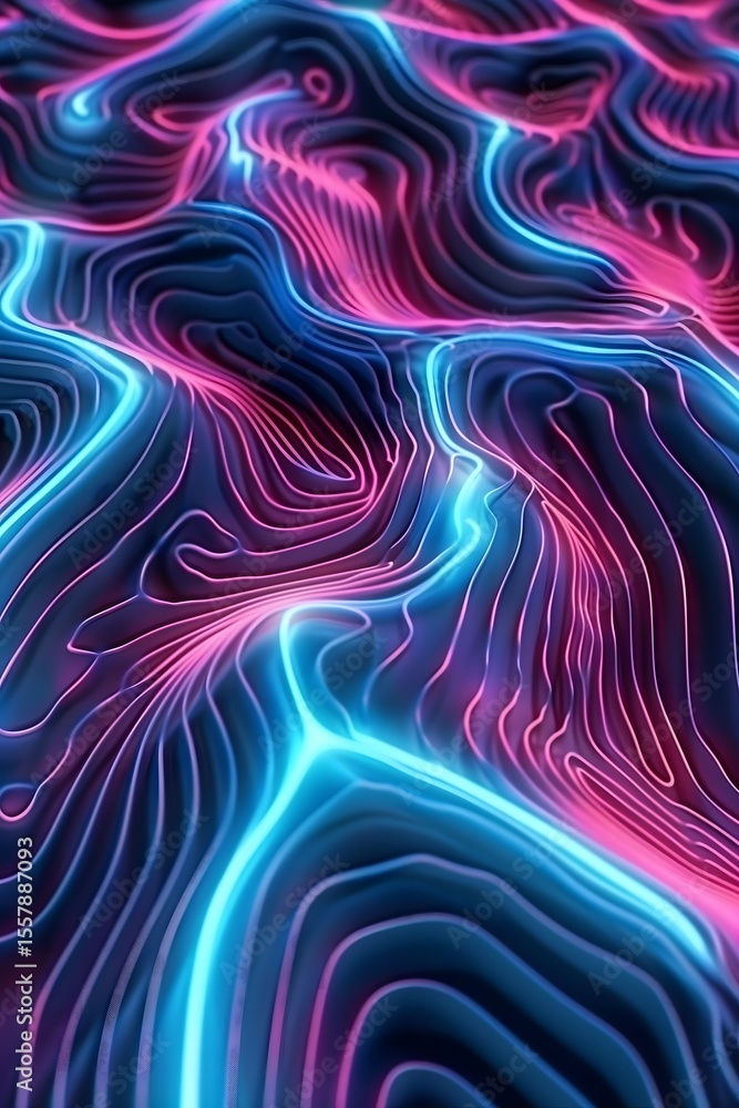 Poster a vivid and abstract design featuring topographic-like lines in bright blue and pink. the flowing, l