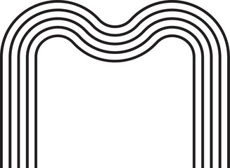 Composition featuring the letter M with a curved corner, outlined by five evenly spaced parallel lines forming a geometric contour.