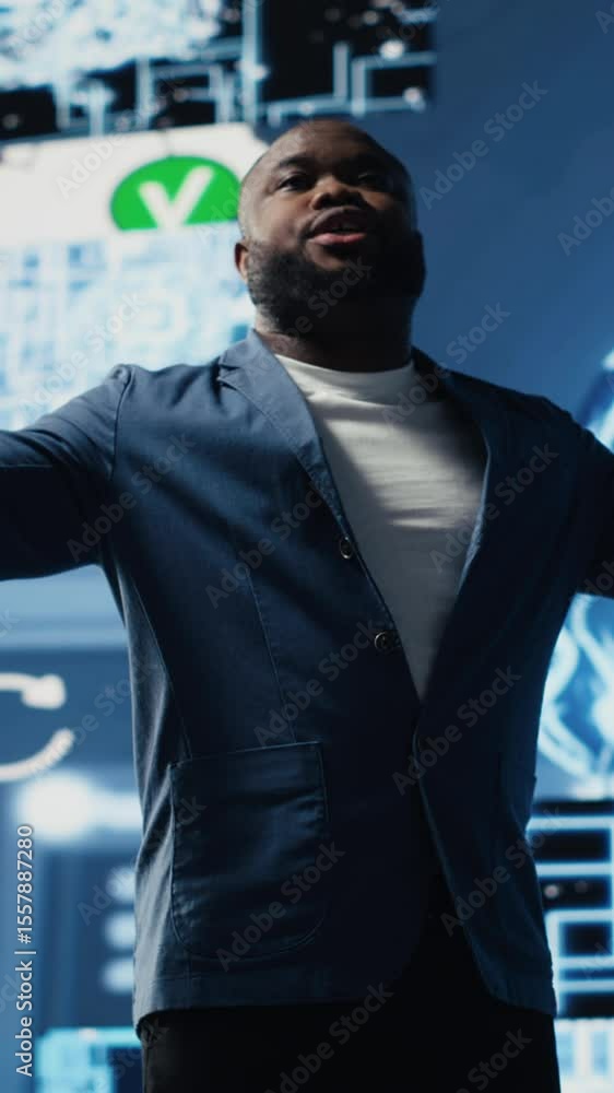 Poster vertical video tech savvy black male engineer reviewing big data ai brain using cloud computing tool