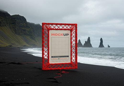 Red Wool Frame Poster Mockup Stand on Black Volcanic Beach