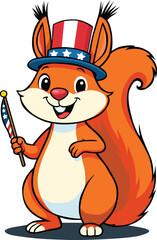 Cute Cartoon Squirrel Holding American Flag and Wearing Uncle Sam Hat Vector EPS Illustration for 4th of July, USA Independence Day, Patriotic Celebration, and Holiday Animal Character Design